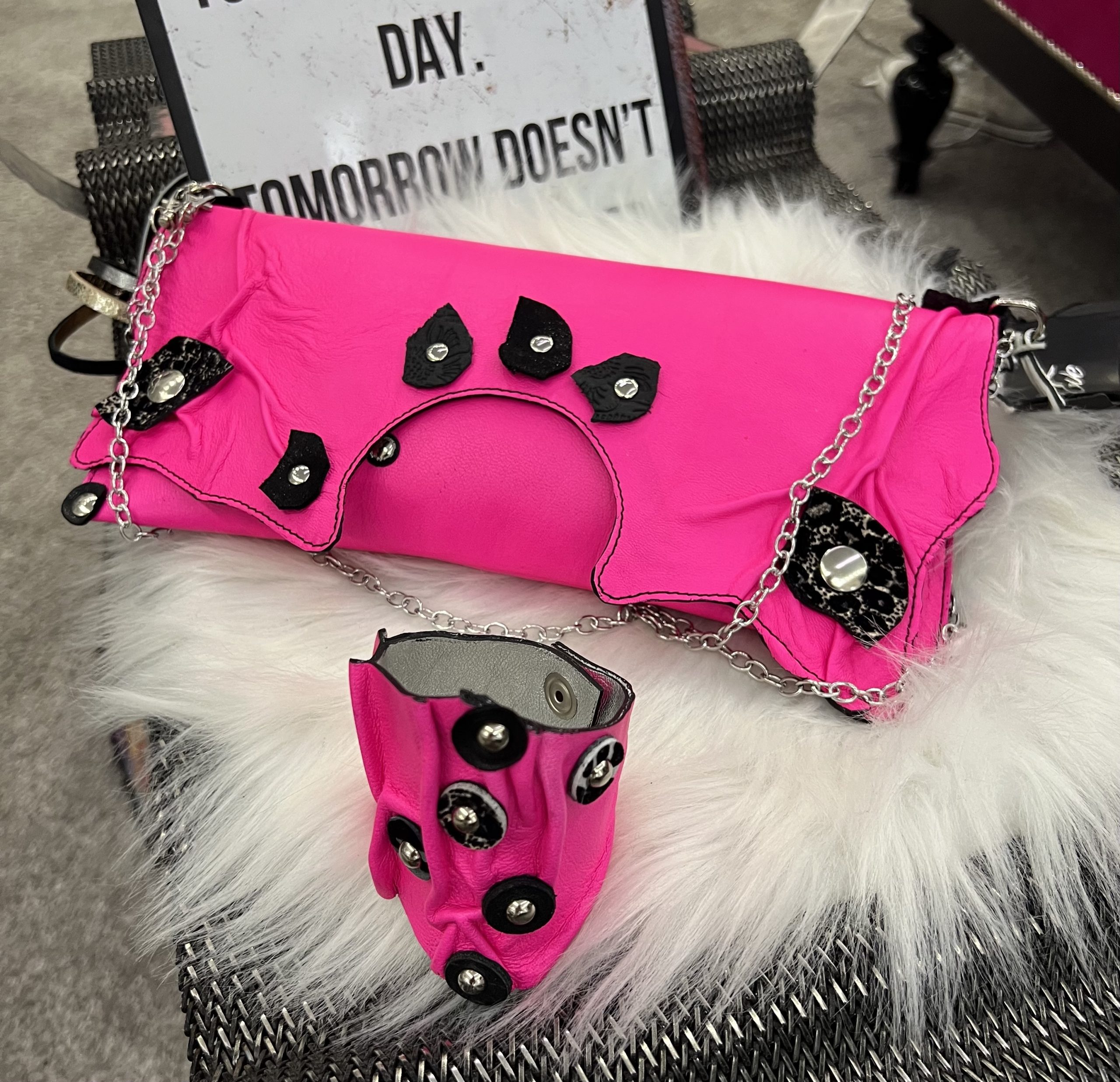 Clutch Mini Belt Bag NeonPink and matching NeonPink bracelet